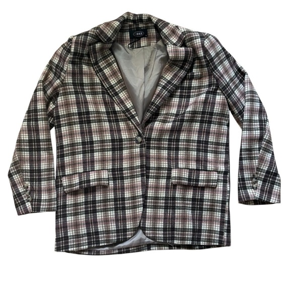 Cider Retro Plaid Pattern Blazer Womens Size Small Camel Brown Pink Oversized - Picture 2 of 5